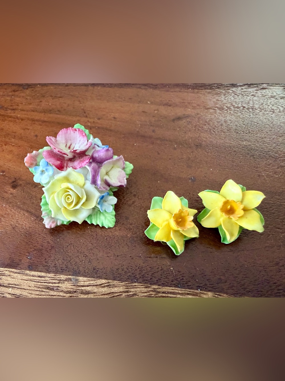 Handcrafted Floral Porcelain Brooch Set - Yellow & Multicolor